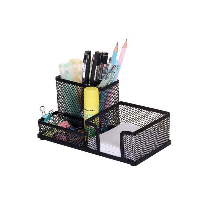Black mesh desk organizer holding pens, markers, sticky notes, and paper clips on a white background