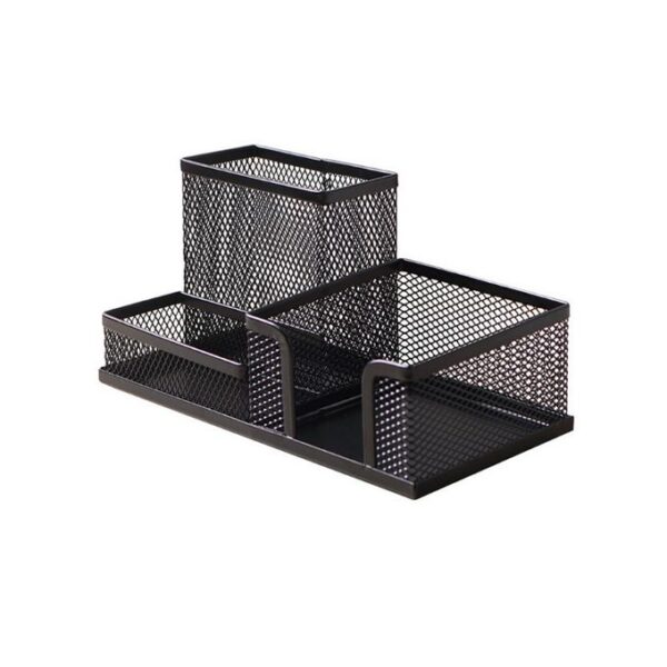 Black metal mesh desk organizer with multiple compartments for pens, cards, and stationery