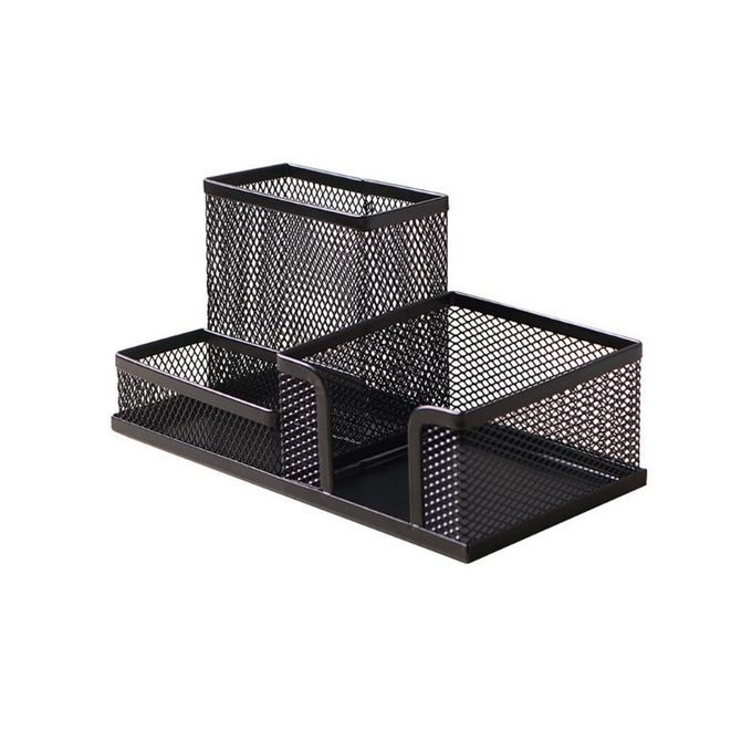 Black metal mesh desk organizer with multiple compartments for pens, cards, and stationery
