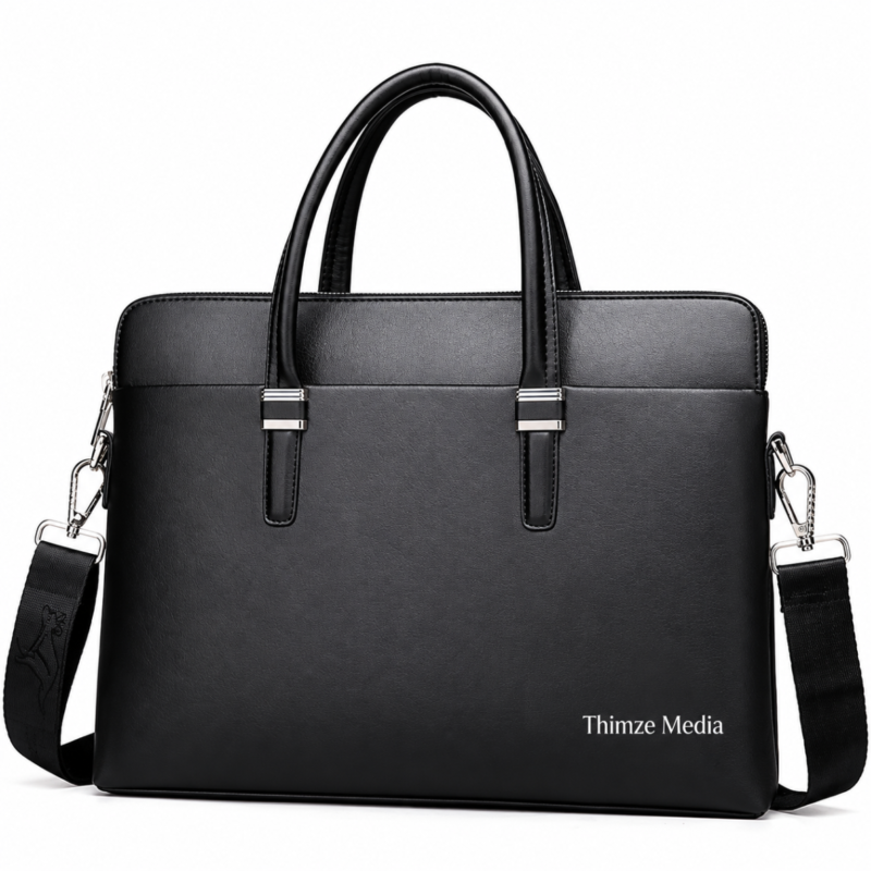 Black leather executive briefcase bag with dual top handles, shoulder strap, and silver hardware accents