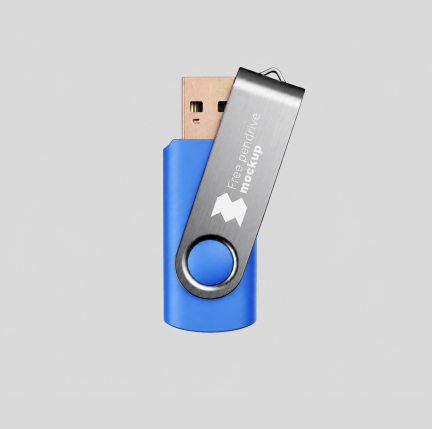 Blue swivel USB flash drive with silver metal clip and ring, cap open to reveal gold connector