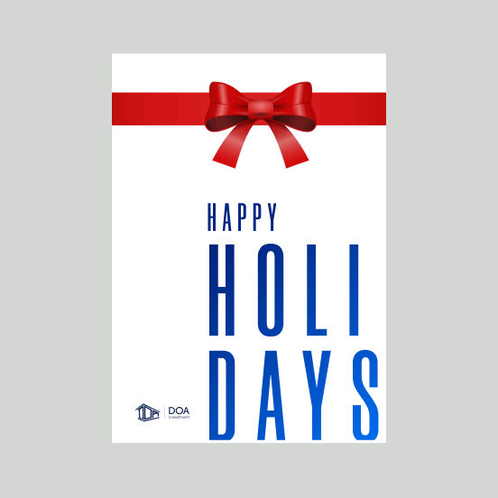 Greeting card with red ribbon and bow, "Happy Holidays" text in blue, and DOA logo at the bottom