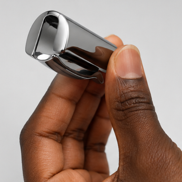 Hand holding a small shiny silver metallic capsule-shaped object against a light grey background