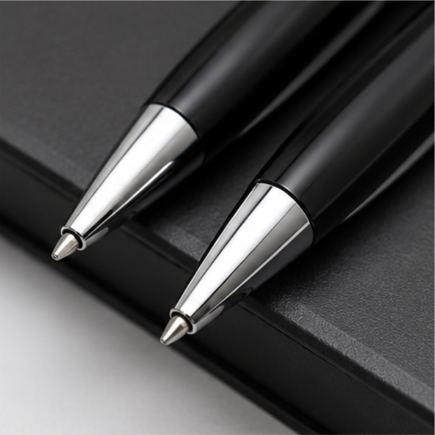 Two matte black ballpoint pens with silver metal tips resting on a dark notebook surface