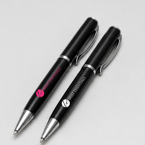 Two black ballpoint pens with silver accents branded with a pink and white "Pruff Essentials" logo