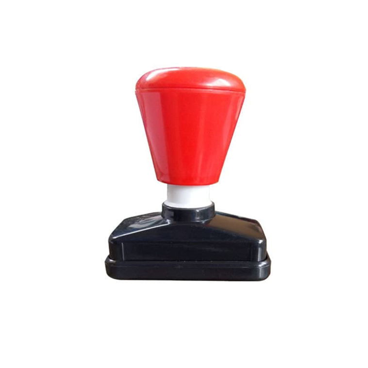 Red-handled rubber stamp with black rectangular base, shown on a white background