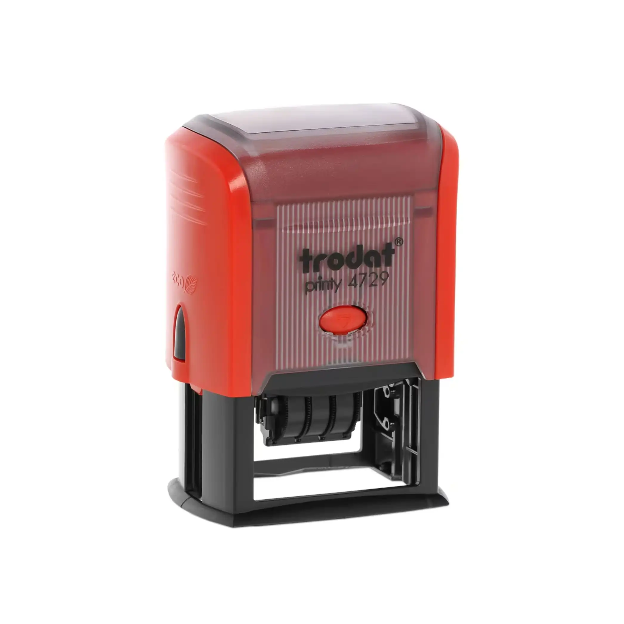 Red and black Trodat self-inking date stamp with a transparent red top casing and black base