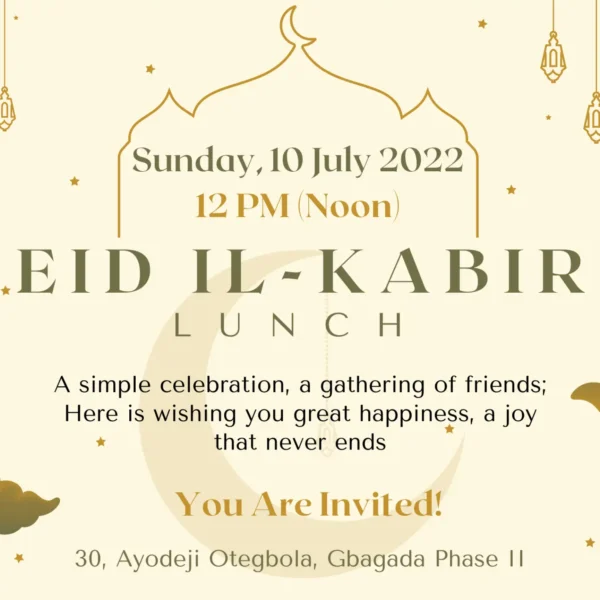 Cream Eid il-Kabir lunch invitation card with gold mosque illustrations, lanterns, and serif typography for a July 2022 event